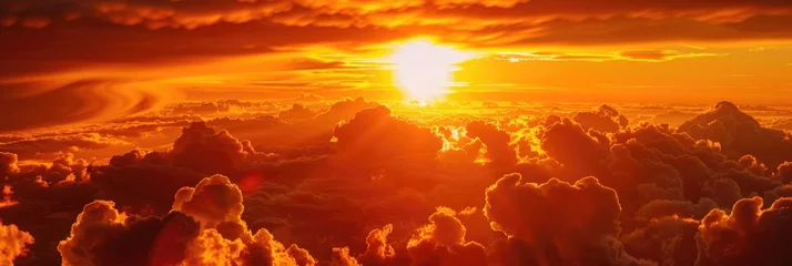Foto auf Glas Clouds Sunrise. Celestial World Concept: Sunset with Red Sun and Orange Clouds © AIGen