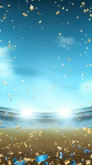 Fototapeta na wymiar Sky Blue background, lights and golden confetti on the sky blue background, football stadium with spotlights, banner for sports events
