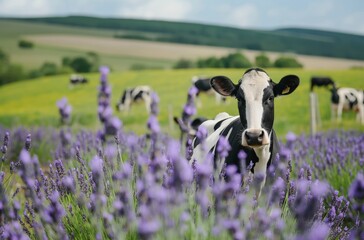 Cow in lavender field