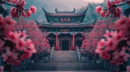 Dreamy Cherry Blossom Temple at Twilight