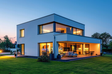A modern house with white walls and windows illuminated at night, surrounded by green grass in the countryside of Germany.