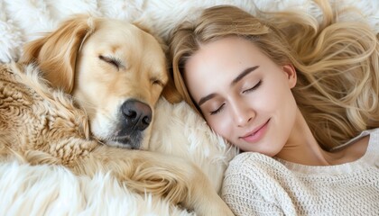 Young woman and dog peacefully sleeping in cozy white bed at home, creating heartwarming scene