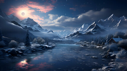 Fantasy winter landscape with snow covered mountains and lake at night. - obrazy, fototapety, plakaty