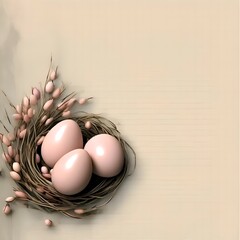 A basket made of willow branches with colored Easter eggs on a peach background - obrazy, fototapety, plakaty