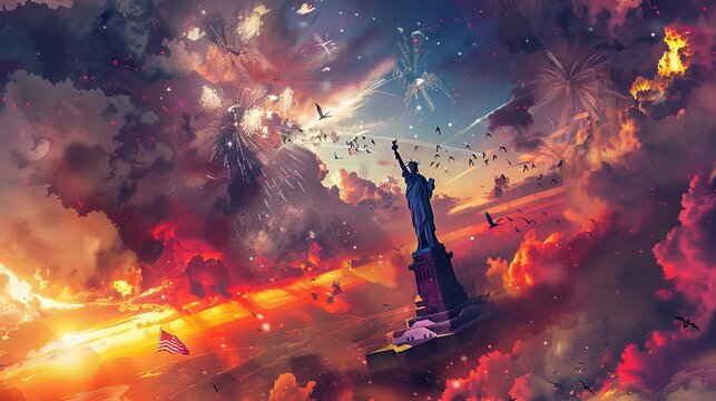 Dynamic Composition: Create a dynamic composition by combining elements such as the Statue of Liberty, the USA flag, sunrise colors, and fireworks in a single image. Generative AI