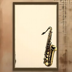 Saxophone on a beige background on the side of the center in a letter frame