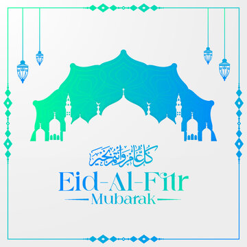Eid Mubarak colorful luxury Islamic moon and mosque beautiful background with decorative ornament, eid Mubarak social media post design.