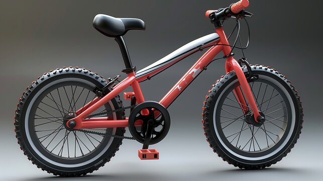 Red bicycle with gray bicycle wheel rim rests on gray surface