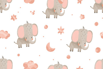 Seamless background with little baby elephant. Illustration of stars, clouds and star elements. Good night. Illustration for newborns. Cute baby illustration on isolated background