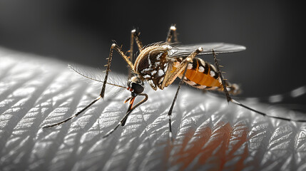 The mosquito sits on human skin and bites. 