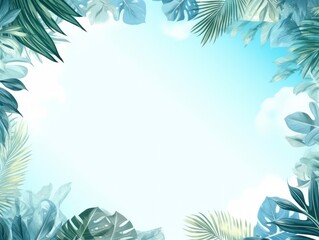 Fototapeta na wymiar Sky Blue frame background, tropical leaves and plants around the sky blue rectangle in the middle of the photo with space for text