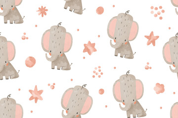 Seamless background with little baby elephant. Illustration of stars, clouds and star elements. Good night. Pattern for newborns. Cute baby illustration on isolated background