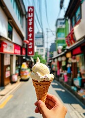 Holding an ice cream in my hand in Seoul
