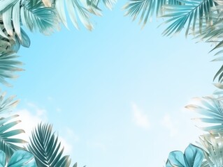 Sky Blue frame background, tropical leaves and plants around the sky blue rectangle in the middle of the photo with space for text
