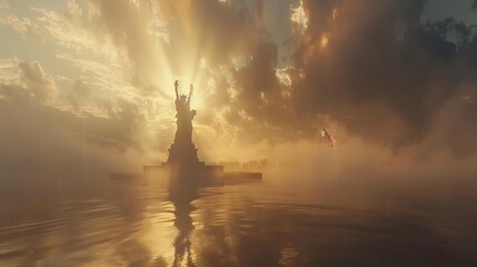 Fototapeta na wymiar Morning Light: Photograph the Statue of Liberty basking in the soft morning light, with gentle rays of sunlight illuminating the landmark and the flag in the background. Generative AI