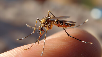 The mosquito sits on human skin and bites. 
