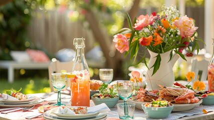 Obraz na płótnie Canvas Outdoor Dining: Photograph a charming outdoor dining setup with a table adorned with colorful tableware, fresh flowers, and delicious summer dishes like grilled seafood, salads, and refreshing drinks.