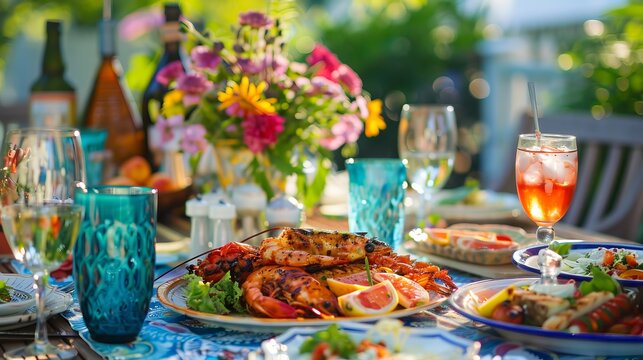 Outdoor Dining: Photograph a charming outdoor dining setup with a table adorned with colorful tableware, fresh flowers, and delicious summer dishes like grilled seafood, salads, and refreshing drinks.