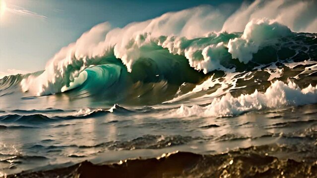 Large blue surfing wave, tube. Seascape live wallpapers. Beautiful slow motion footage. View of ocean tide. Abstract background of nature view. Majestic ocean wave