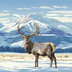 illustrative Cervus nippon yesoensis, on snowy meadow, winter mountains in the background.