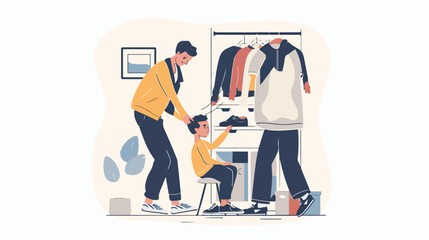Father getting dressed putting on jacket or shirt son