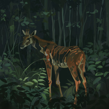 illustrative Okapi, Okapia johnstoni, brown rare forest giraffe, in the dark green forest habita