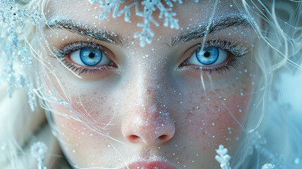 Beautiful woman with fairy appeareance wearing winter theme makeup 