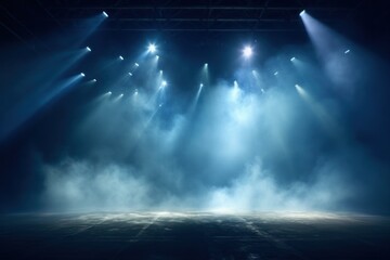 Sky Blue stage background, sky blue spotlight light effects, dark atmosphere, smoke and mist, simple stage background, stage lighting, spotlights - obrazy, fototapety, plakaty