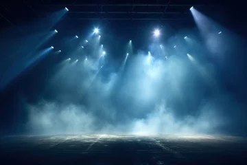 Fototapete Rund Sky Blue stage background, sky blue spotlight light effects, dark atmosphere, smoke and mist, simple stage background, stage lighting, spotlights © GalleryGlider