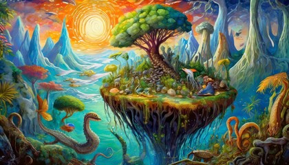 Fototapeta na wymiar surreal oil painting of blended ecosystems and imaginary creatures