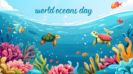 Fototapeta na wymiar World Oceans Day poster with colorful turtles and fish in the ocean