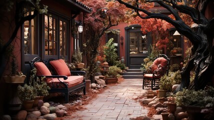 miniature autumn courtyard with several UHD Wallpaper - obrazy, fototapety, plakaty