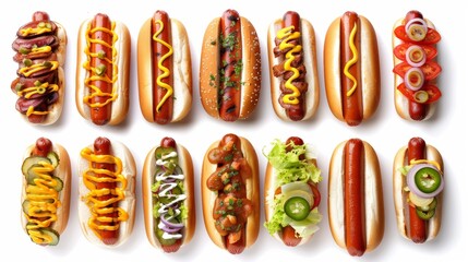 A row of hot dogs with various toppings including mustard, ketchup, relish - obrazy, fototapety, plakaty
