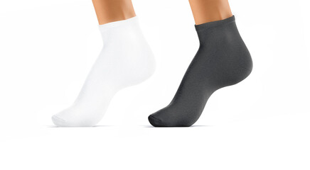 Blank black and white ancle socks tiptoe on leg mockup