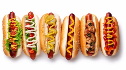 A row of hot dogs with mustard and ketchup
