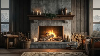 Obraz premium Rustic Elegance: Inviting Atmosphere of a Stonewall Fireplace for Cozy Evenings