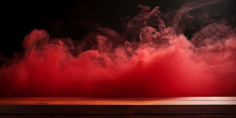 red background with a wooden table and smoke. Space for product presentation, studio shot, photorealistic, high resolution