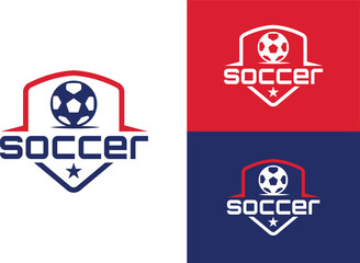 Badge Shield Symbol Design Template with Football and stars Sports Team Identity Vector Illustration isolated on White,Red and Blue Background