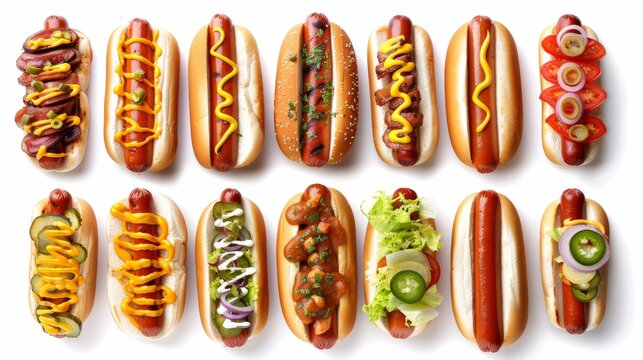 A row of hot dogs with various toppings including mustard, ketchup, relish