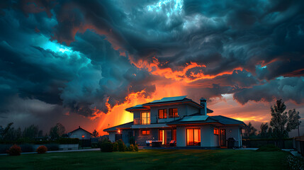smart house in stormy weathers architecture thunderstorm - obrazy, fototapety, plakaty