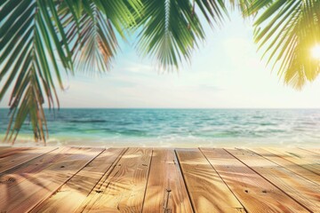 Wood Background Summer. Beach Seascape with Palm Leaves on Wooden Table