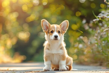 Cute Pet: White Welsh Corgi Puppy Sitting Outdoors in Summer