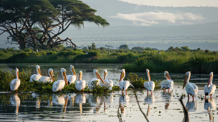 Pod of white pelicans by the lake at Lake Nakuru  - obrazy, fototapety, plakaty