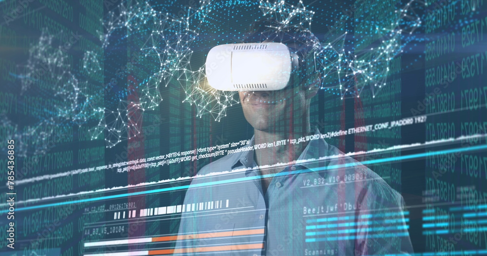 Poster image of data processing over caucasian man with vr headset