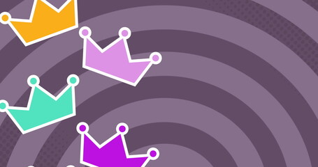 Image of falling colorful crowns over stripes purple background