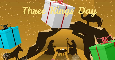 Image of present icons and three kings day text over nativity