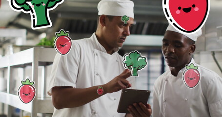 Image of vegetables and fruit icons over diverse chefs using tablet - Powered by Adobe