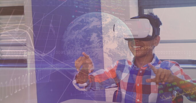 Image of data processing over african american schoolboy with vr headset