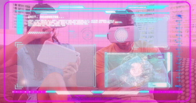 Image of data processing over caucasian couple with vr headsets