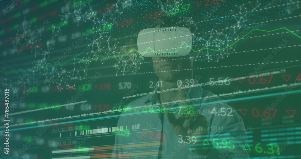 Poster image of data processing over caucasian man with vr headset